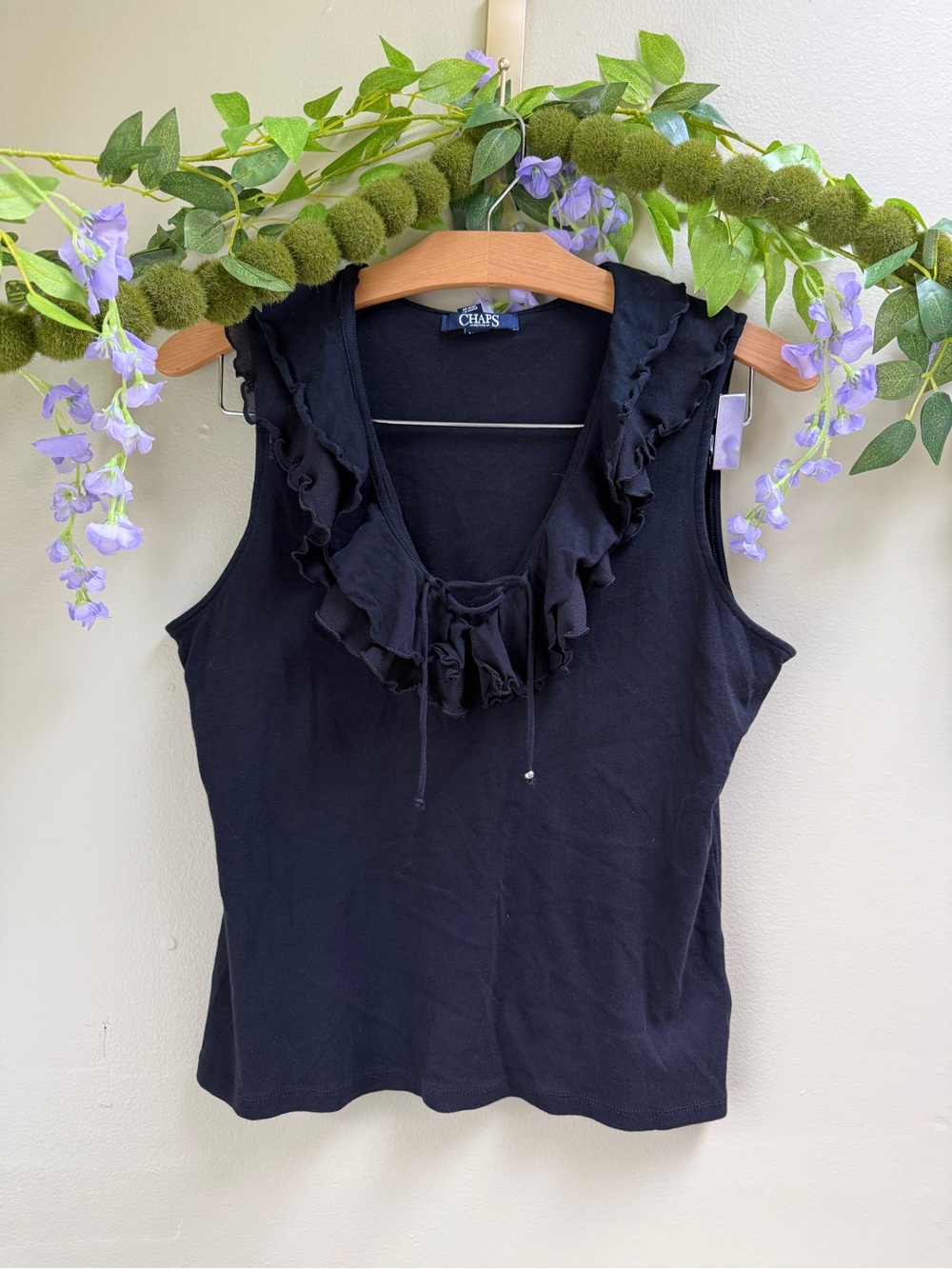 Chaps Y2K Black Ruffle Tank Top w/Lace Up Detail, size L